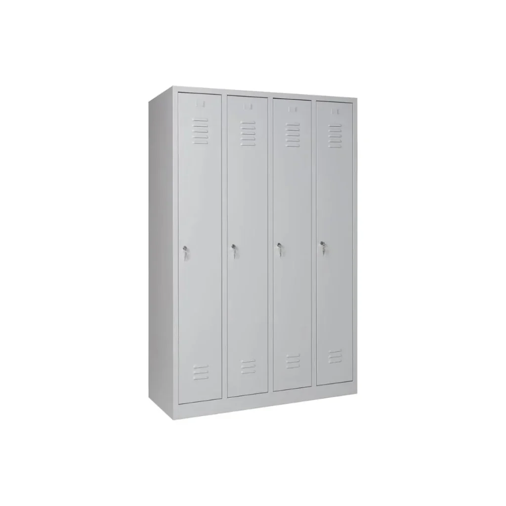 Ein Metallschrank mit vier vertikalen Türen, die jeweils mit einem Griff, einem Schlüsselschloss und Lüftungsschlitzen oben und unten ausgestattet sind. Der Schrank ist hellgrau und steht vor einem schlichten weißen Hintergrund.