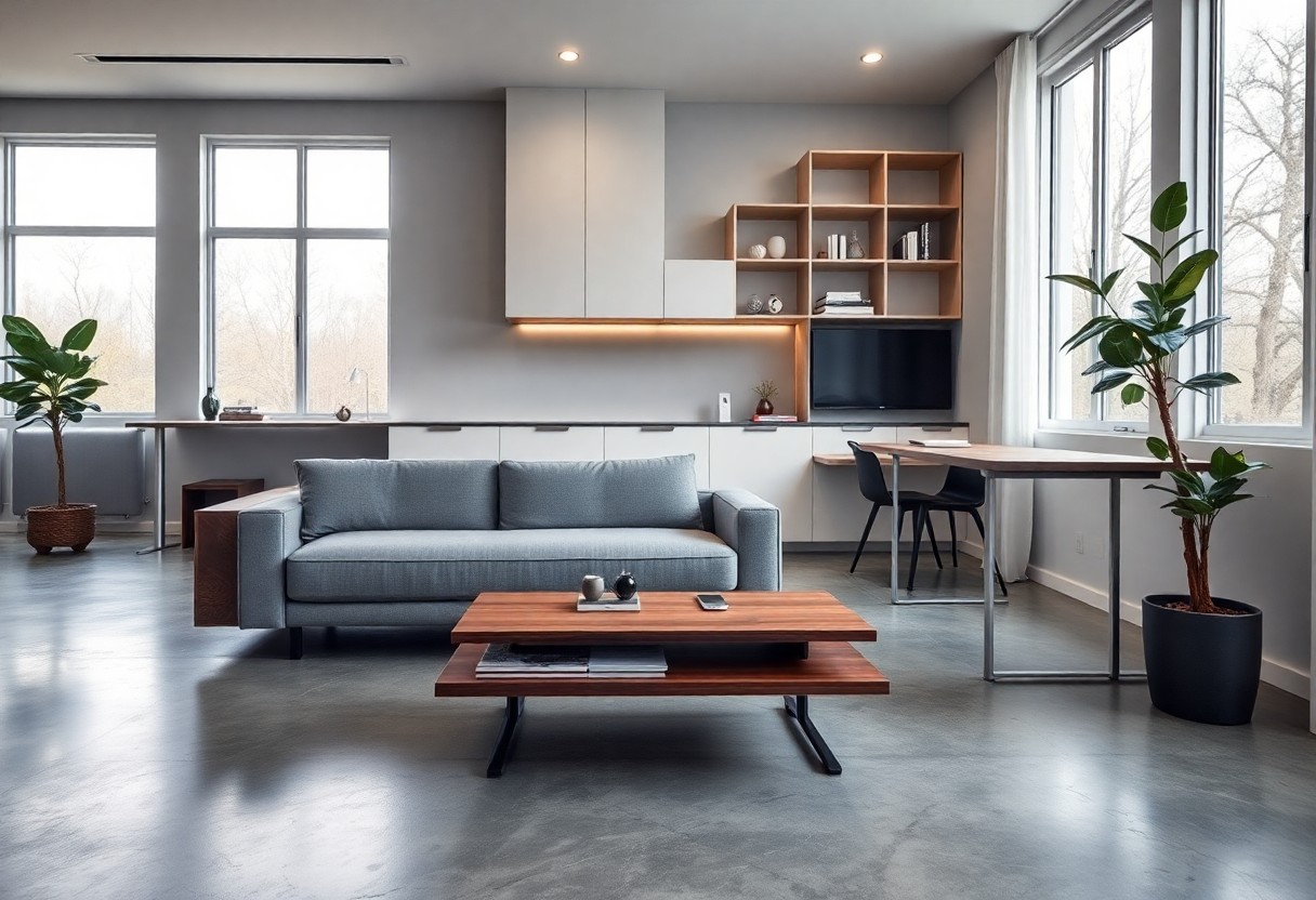 Ein modernes Wohnzimmer mit einem grauen Sofa, einem Couchtisch aus Holz, einem eingebauten Schreibtisch und Regalen, großen Fenstern und Zimmerpflanzen, das sich durch eine minimalistische Einrichtung und natürliches Licht auszeichnet.
