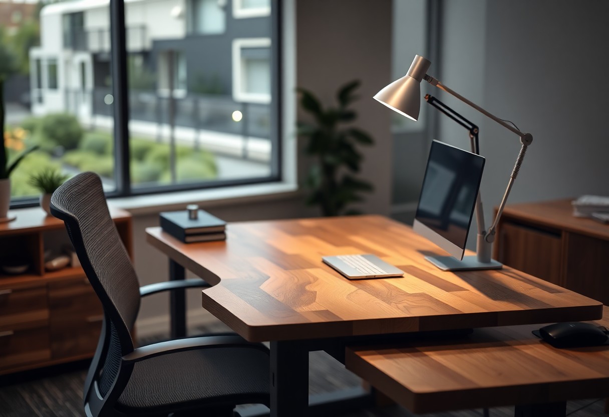 Ein modernes Büro mit einem Holzschreibtisch, einem ergonomischen Stuhl, einem Computermonitor, einer Tastatur und einer Schreibtischlampe in der Nähe eines großen Fensters mit Blick auf moderne Wohngebäude und Grünflächen.