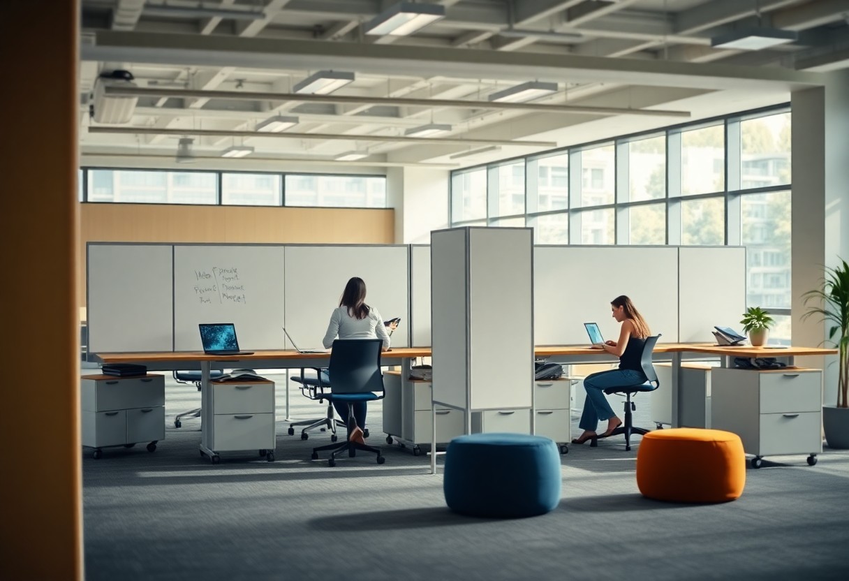 Zwei Frauen arbeiten an Schreibtischen in einem hellen, modernen Büro mit großen Fenstern, Whiteboards und verstreuten bunten Hockern. Der Raum ist offen, mit natürlichem Licht und modernen Möbeln ausgestattet.