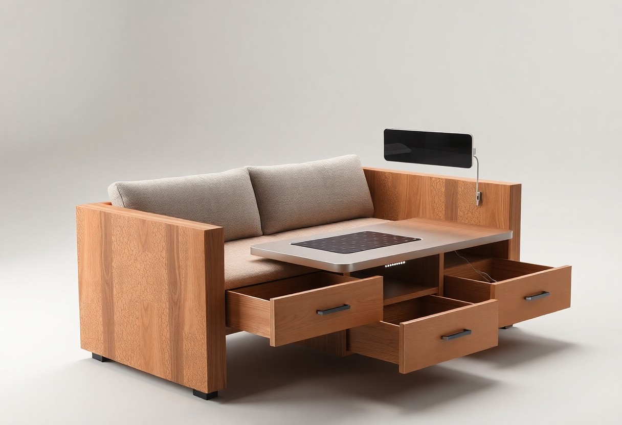 Ein modernes Holzsofa mit beigen Polstern verfügt über einen eingebauten Tisch und vier offene Schubladen. An einer Armlehne ist eine verstellbare schwarze Lampe angebracht. Der Hintergrund ist einfarbig und hell.
